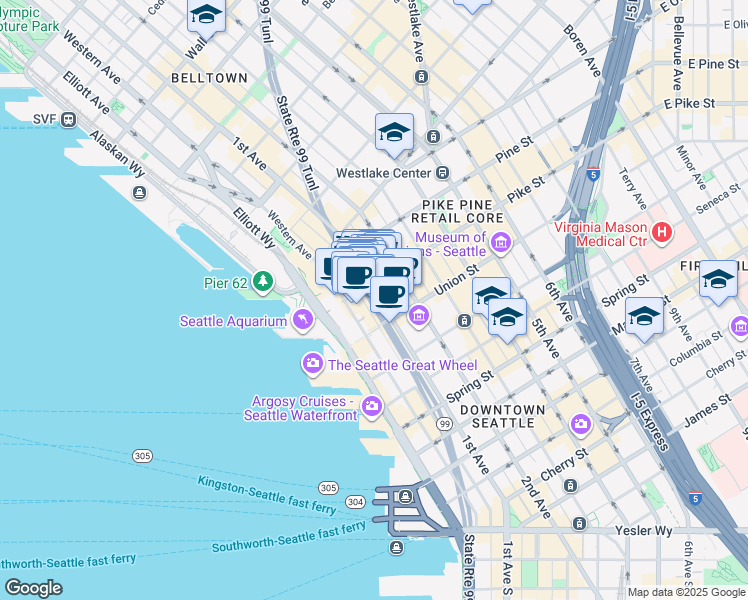 map of restaurants, bars, coffee shops, grocery stores, and more near in Seattle