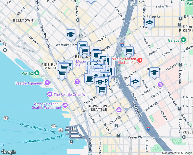 map of restaurants, bars, coffee shops, grocery stores, and more near 400 University Street in Seattle