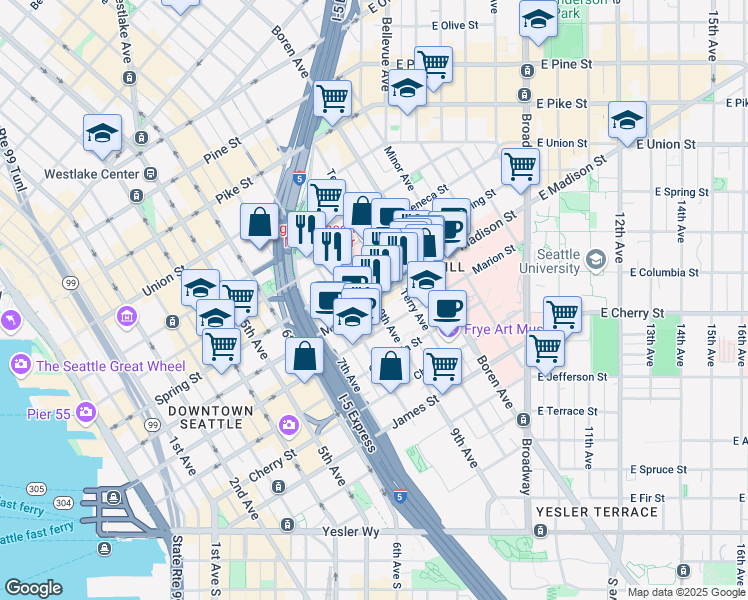 map of restaurants, bars, coffee shops, grocery stores, and more near Madison St & 9th Ave in Seattle