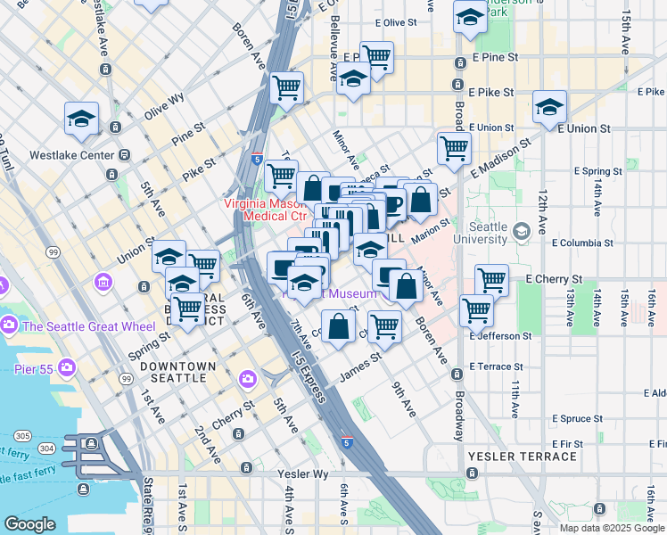 map of restaurants, bars, coffee shops, grocery stores, and more near 907 Madison Street in Seattle