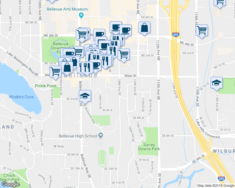 map of restaurants, bars, coffee shops, grocery stores, and more near 161 108th Avenue Southeast in Bellevue