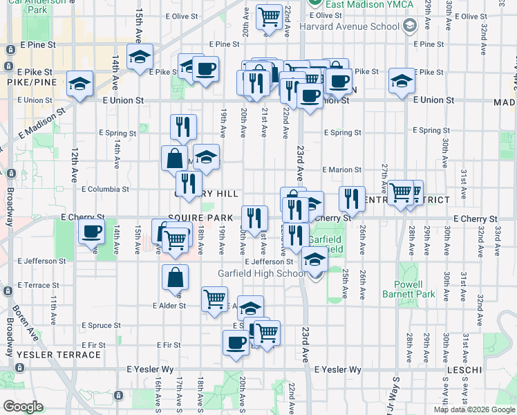 map of restaurants, bars, coffee shops, grocery stores, and more near 711 21st Avenue in Seattle
