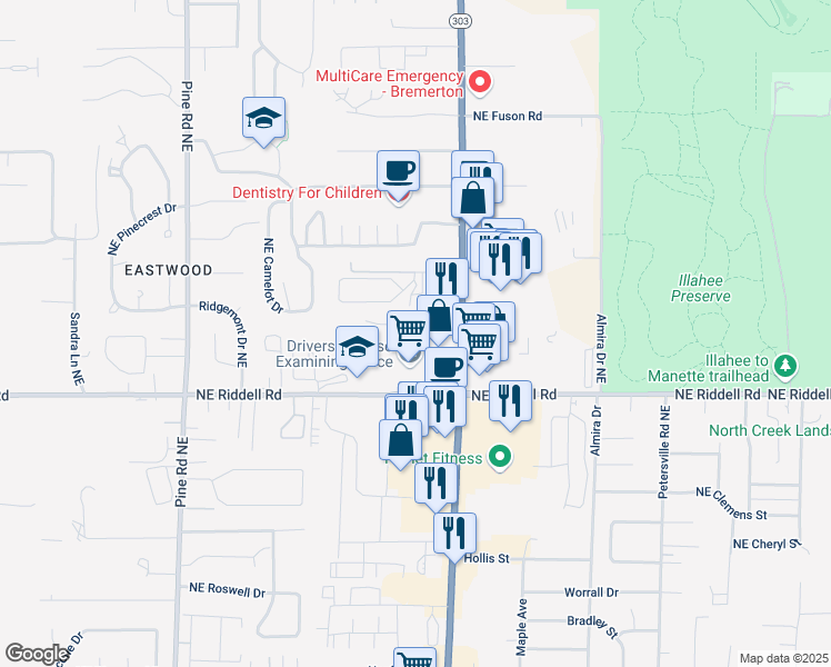 map of restaurants, bars, coffee shops, grocery stores, and more near 1563 Northeast Roseway Lane in Bremerton