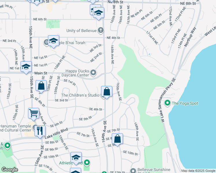 map of restaurants, bars, coffee shops, grocery stores, and more near 104 164th Avenue Southeast in Bellevue