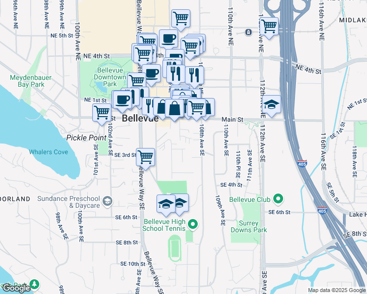 map of restaurants, bars, coffee shops, grocery stores, and more near 10712 Southeast 2nd Street in Bellevue