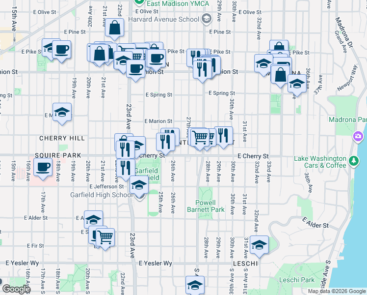 map of restaurants, bars, coffee shops, grocery stores, and more near 713 27th Avenue in Seattle