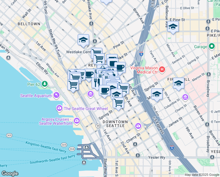 map of restaurants, bars, coffee shops, grocery stores, and more near in Seattle