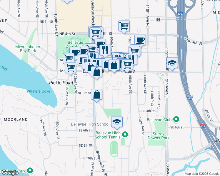 map of restaurants, bars, coffee shops, grocery stores, and more near 191 106th Avenue Southeast in Bellevue