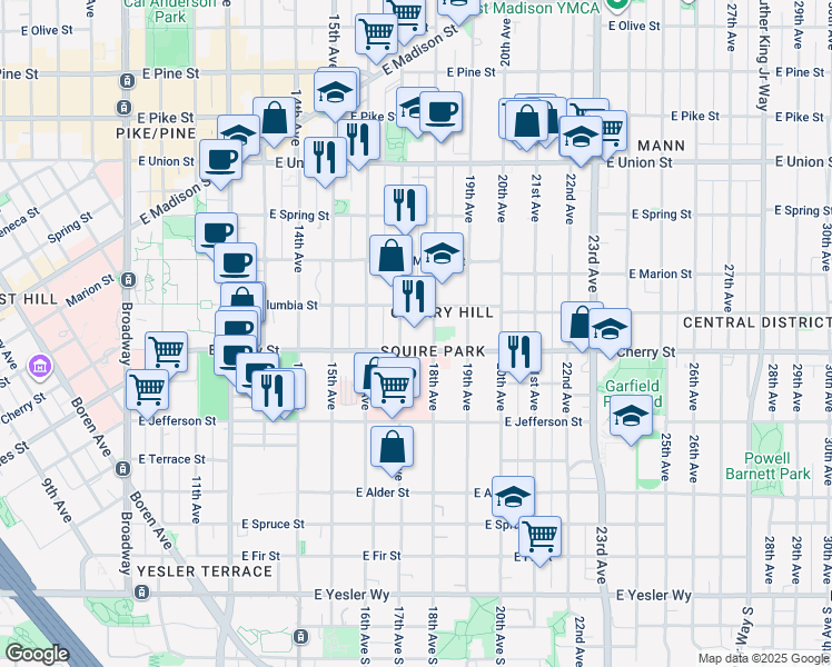 map of restaurants, bars, coffee shops, grocery stores, and more near 1700 East Cherry Street in Seattle