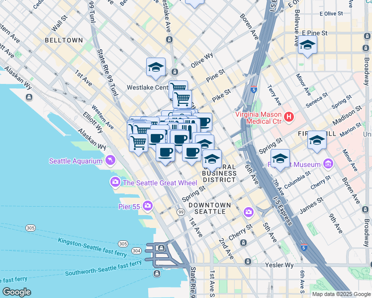 map of restaurants, bars, coffee shops, grocery stores, and more near in Seattle