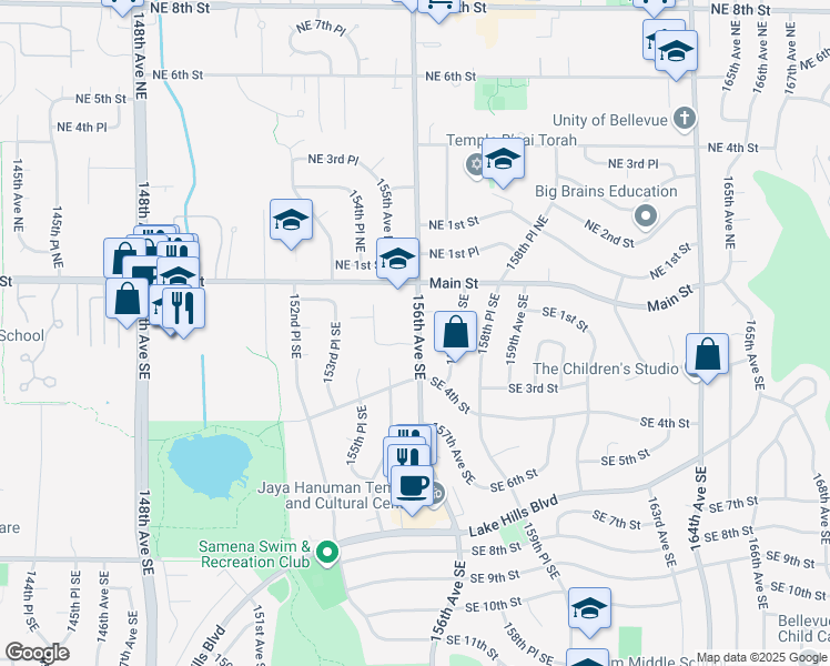 map of restaurants, bars, coffee shops, grocery stores, and more near 141 156th Avenue Southeast in Bellevue