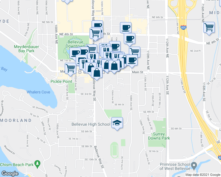 map of restaurants, bars, coffee shops, grocery stores, and more near 191 106th Avenue Southeast in Bellevue