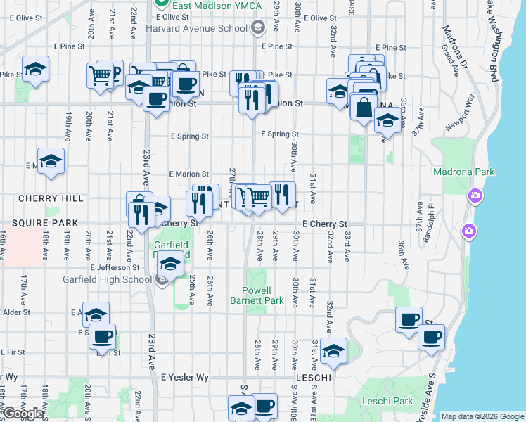 map of restaurants, bars, coffee shops, grocery stores, and more near 2820 East Cherry Street in Seattle