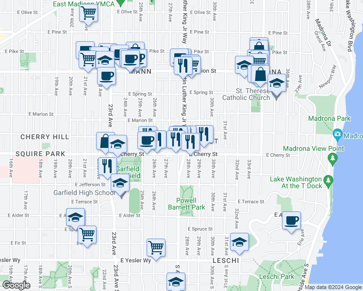 map of restaurants, bars, coffee shops, grocery stores, and more near in Seattle