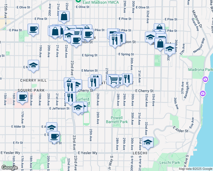 map of restaurants, bars, coffee shops, grocery stores, and more near 713 27th Avenue in Seattle