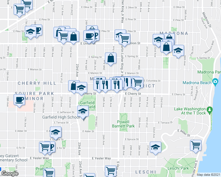 map of restaurants, bars, coffee shops, grocery stores, and more near 713 27th Avenue in Seattle