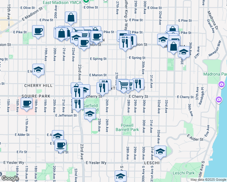 map of restaurants, bars, coffee shops, grocery stores, and more near 713 27th Avenue in Seattle