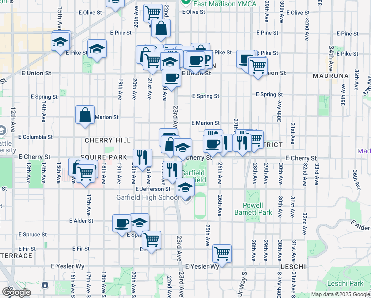 map of restaurants, bars, coffee shops, grocery stores, and more near in Seattle