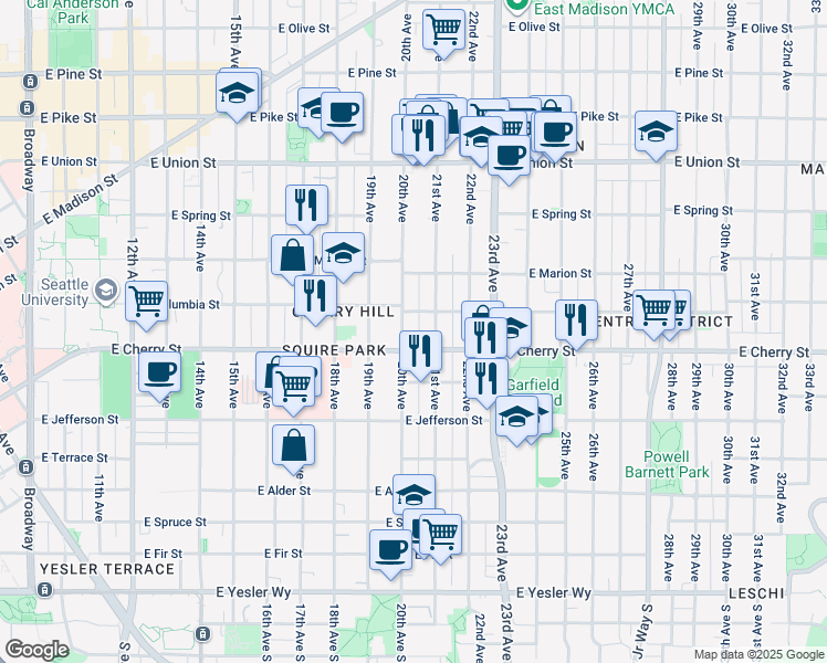 map of restaurants, bars, coffee shops, grocery stores, and more near 711 21st Avenue in Seattle