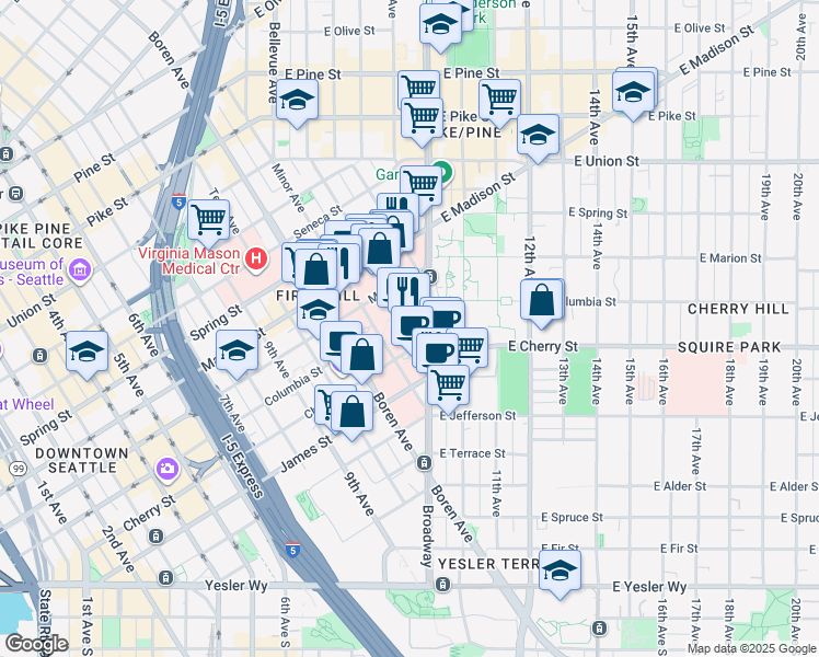 map of restaurants, bars, coffee shops, grocery stores, and more near 747 Broadway in Seattle