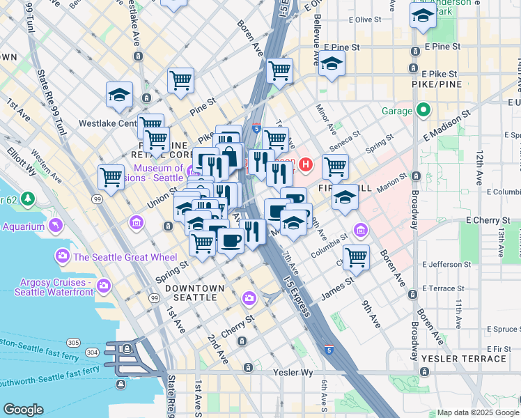 map of restaurants, bars, coffee shops, grocery stores, and more near in Seattle
