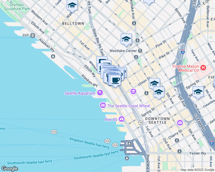 map of restaurants, bars, coffee shops, grocery stores, and more near 1510 Western Avenue in Seattle