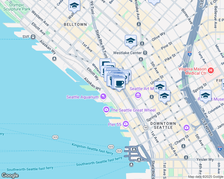 map of restaurants, bars, coffee shops, grocery stores, and more near 1511 Pike Place in Seattle