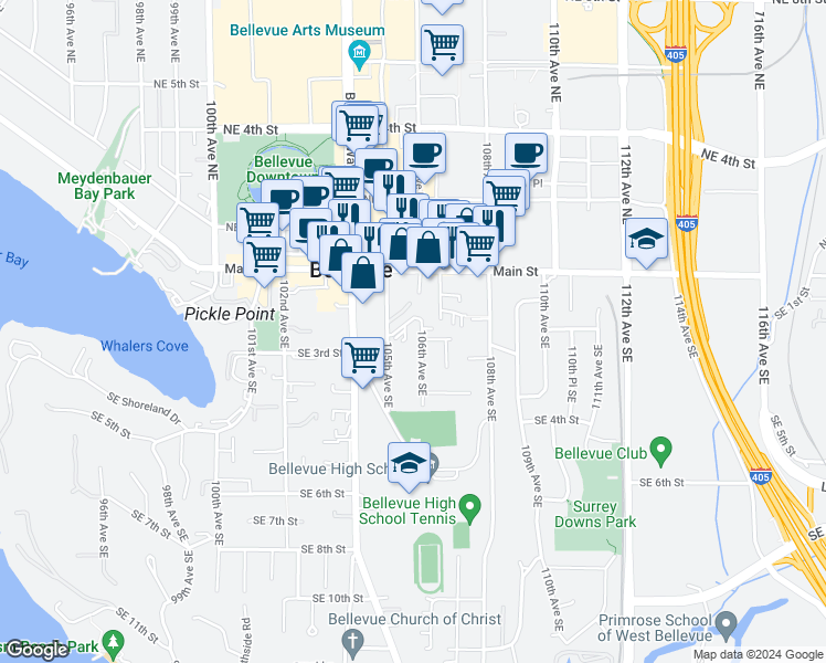 map of restaurants, bars, coffee shops, grocery stores, and more near 191 106th Avenue Southeast in Bellevue