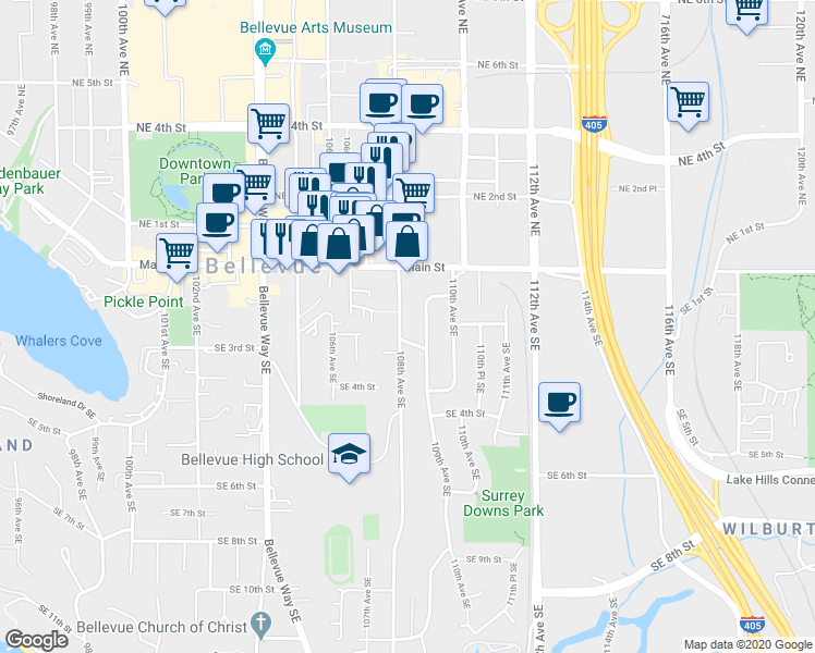map of restaurants, bars, coffee shops, grocery stores, and more near 136 108th Avenue Southeast in Bellevue