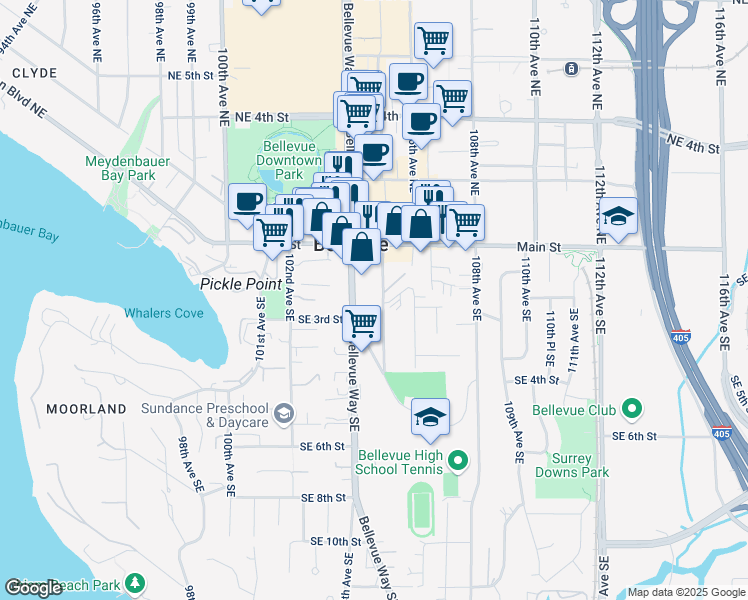 map of restaurants, bars, coffee shops, grocery stores, and more near 145 105th Avenue Southeast in Bellevue