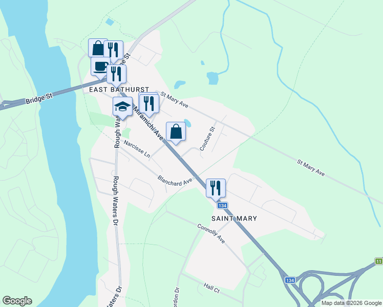 map of restaurants, bars, coffee shops, grocery stores, and more near in Bathurst