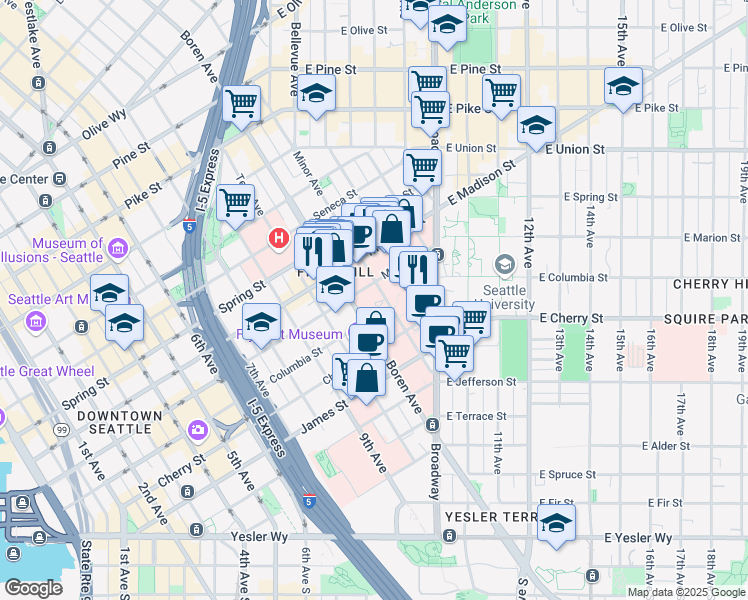 map of restaurants, bars, coffee shops, grocery stores, and more near 1102 Columbia Street in Seattle