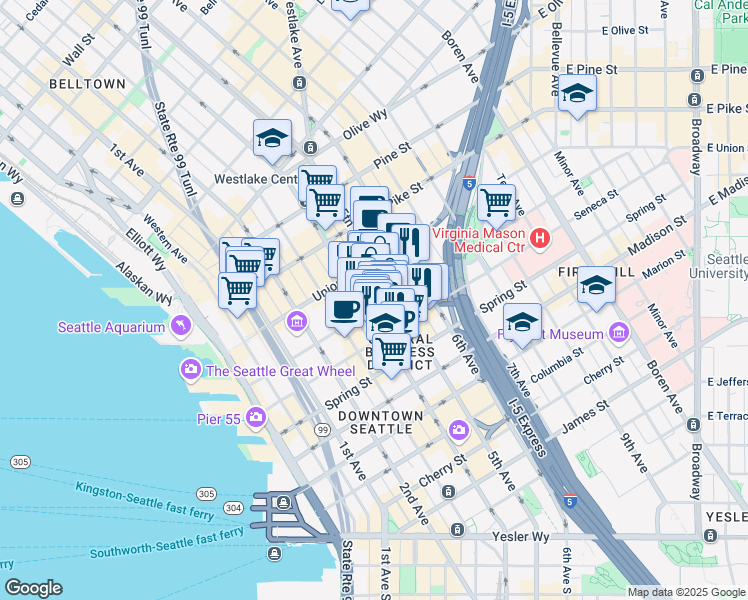 map of restaurants, bars, coffee shops, grocery stores, and more near 417 University Street in Seattle