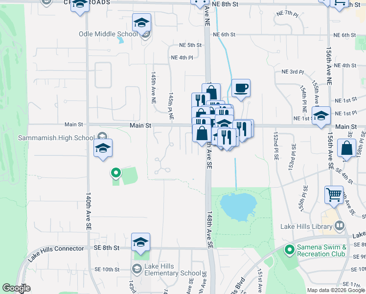 map of restaurants, bars, coffee shops, grocery stores, and more near 117 146th Avenue Southeast in Bellevue