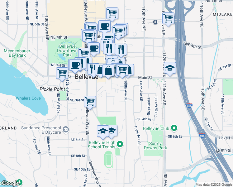 map of restaurants, bars, coffee shops, grocery stores, and more near 10712 Southeast 2nd Street in Bellevue