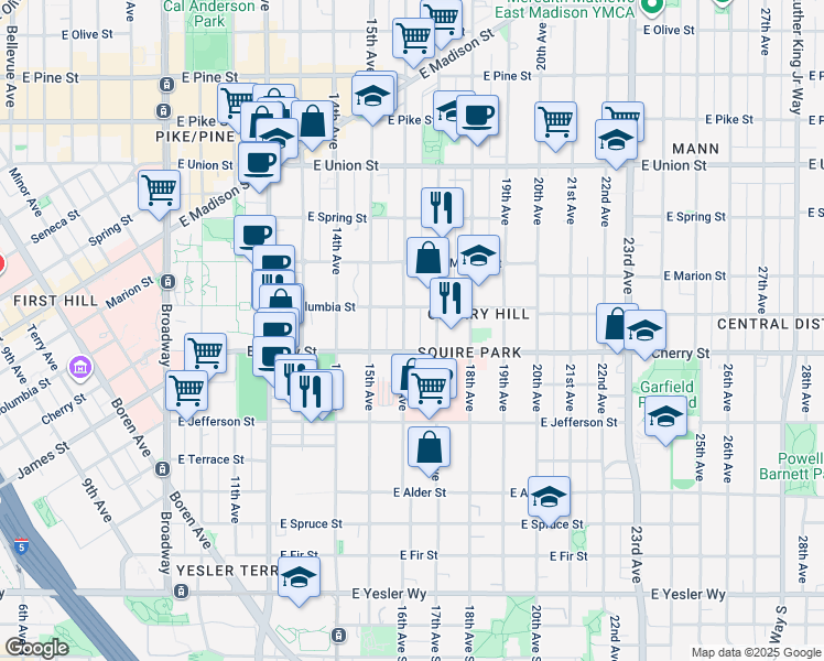 map of restaurants, bars, coffee shops, grocery stores, and more near 712 16th Avenue in Seattle