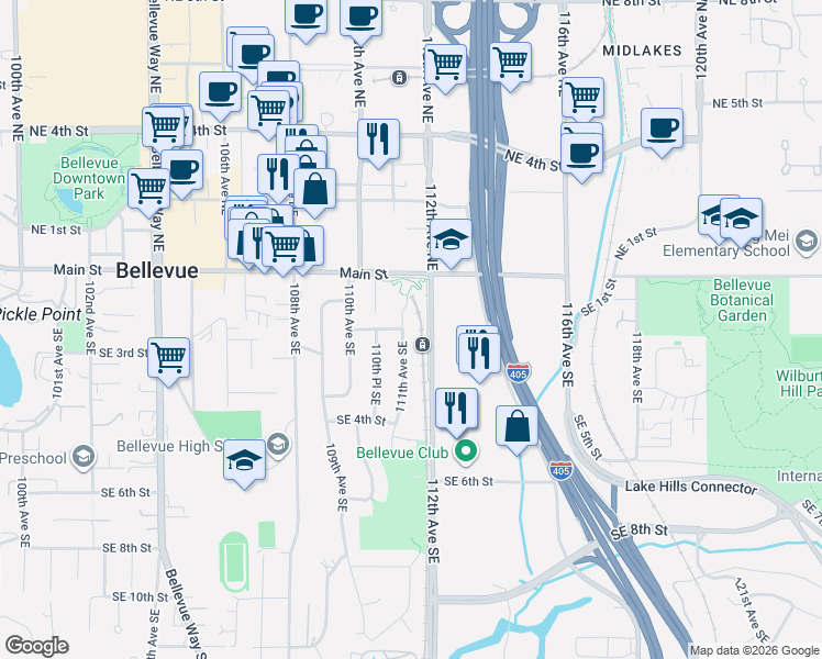 map of restaurants, bars, coffee shops, grocery stores, and more near 200 111th Avenue Northeast in Bellevue