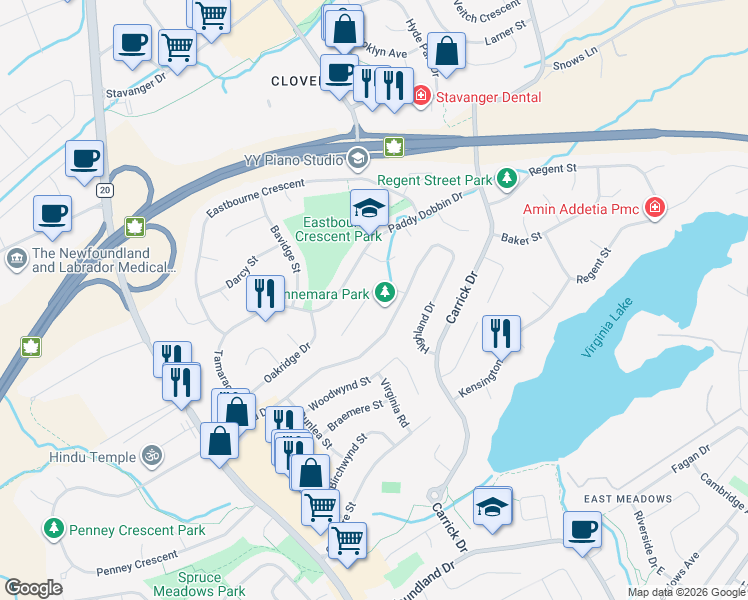 map of restaurants, bars, coffee shops, grocery stores, and more near 7 Connemara Place in St. John's