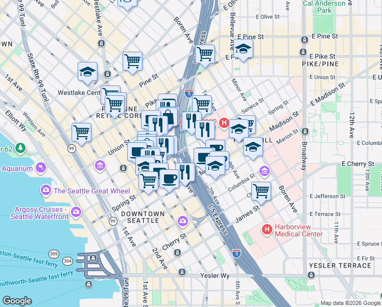map of restaurants, bars, coffee shops, grocery stores, and more near 702 Spring Street in Seattle