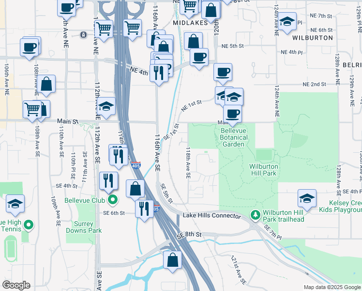 map of restaurants, bars, coffee shops, grocery stores, and more near 137 118th Avenue Southeast in Bellevue