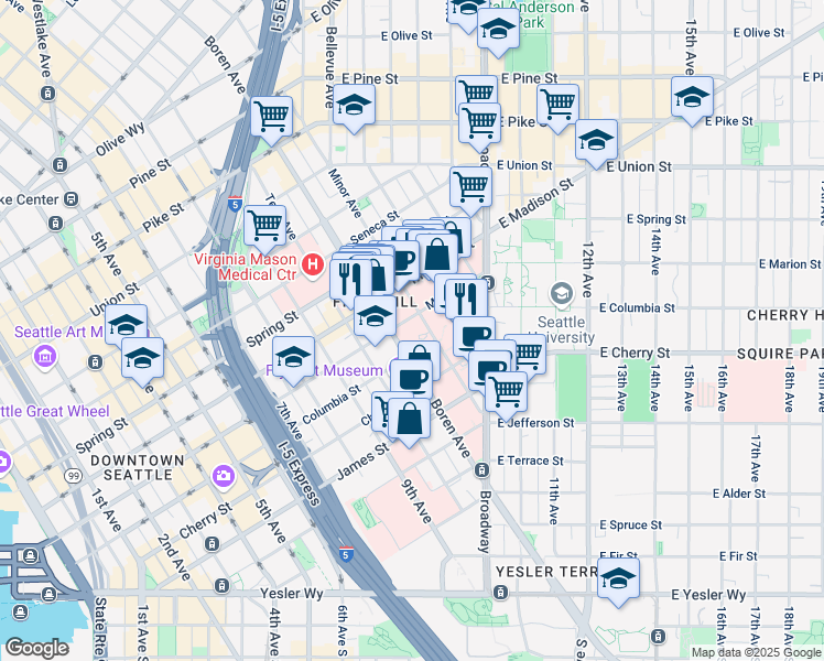 map of restaurants, bars, coffee shops, grocery stores, and more near 1102 Columbia Street in Seattle