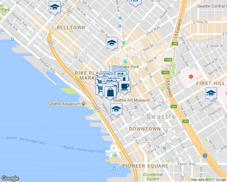 map of restaurants, bars, coffee shops, grocery stores, and more near 1415 2nd Avenue in Seattle