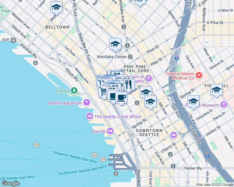 map of restaurants, bars, coffee shops, grocery stores, and more near 1415 2nd Avenue in Seattle