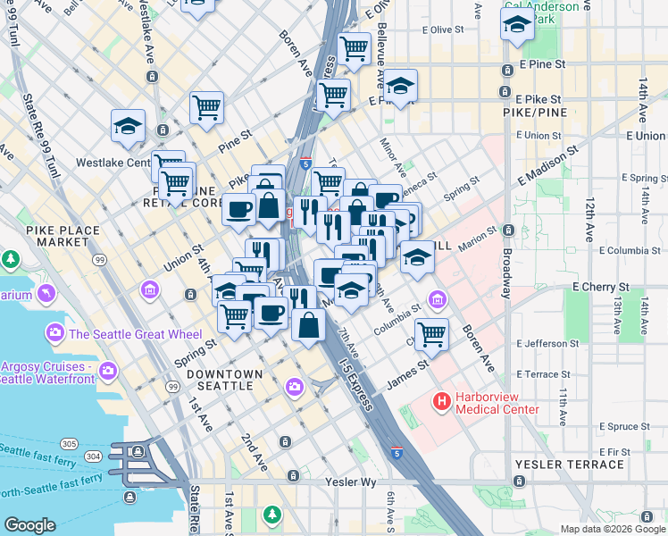 map of restaurants, bars, coffee shops, grocery stores, and more near Spring St & 8th Ave in Seattle