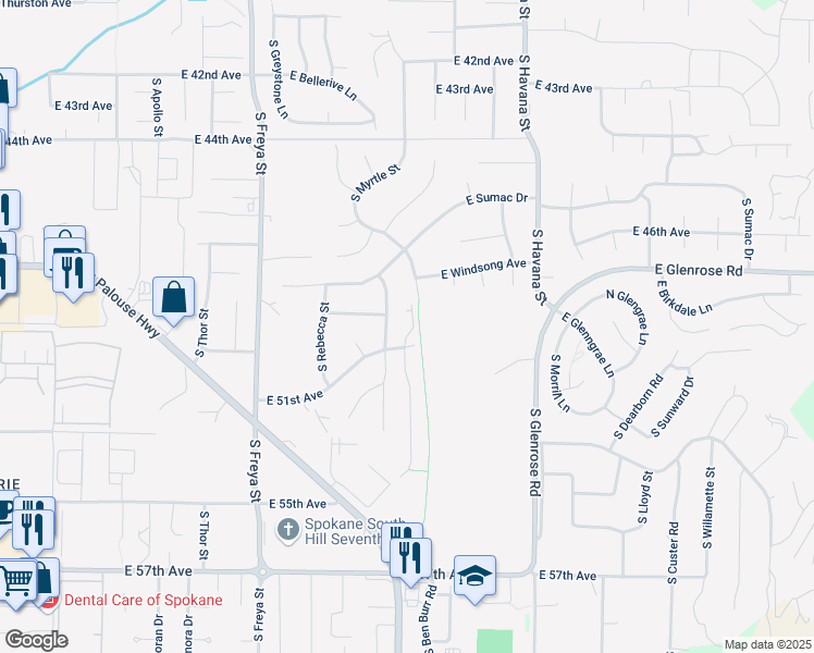 map of restaurants, bars, coffee shops, grocery stores, and more near 4924 South Myrtle Lane in Spokane