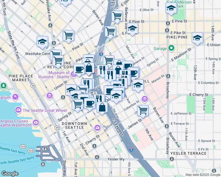 map of restaurants, bars, coffee shops, grocery stores, and more near 1101 8th Avenue in Seattle