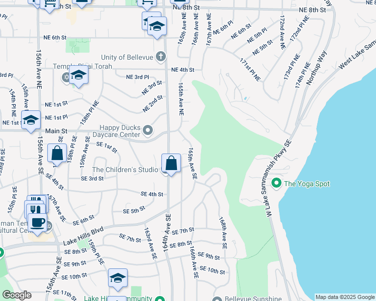 map of restaurants, bars, coffee shops, grocery stores, and more near 51 165th Avenue Southeast in Bellevue