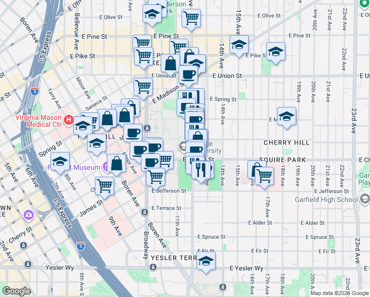 map of restaurants, bars, coffee shops, grocery stores, and more near 1111 East Columbia Street in Seattle