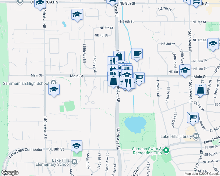 map of restaurants, bars, coffee shops, grocery stores, and more near 106 147th Avenue Southeast in Bellevue