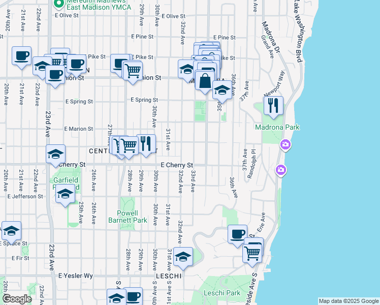 map of restaurants, bars, coffee shops, grocery stores, and more near 719 33rd Avenue in Seattle